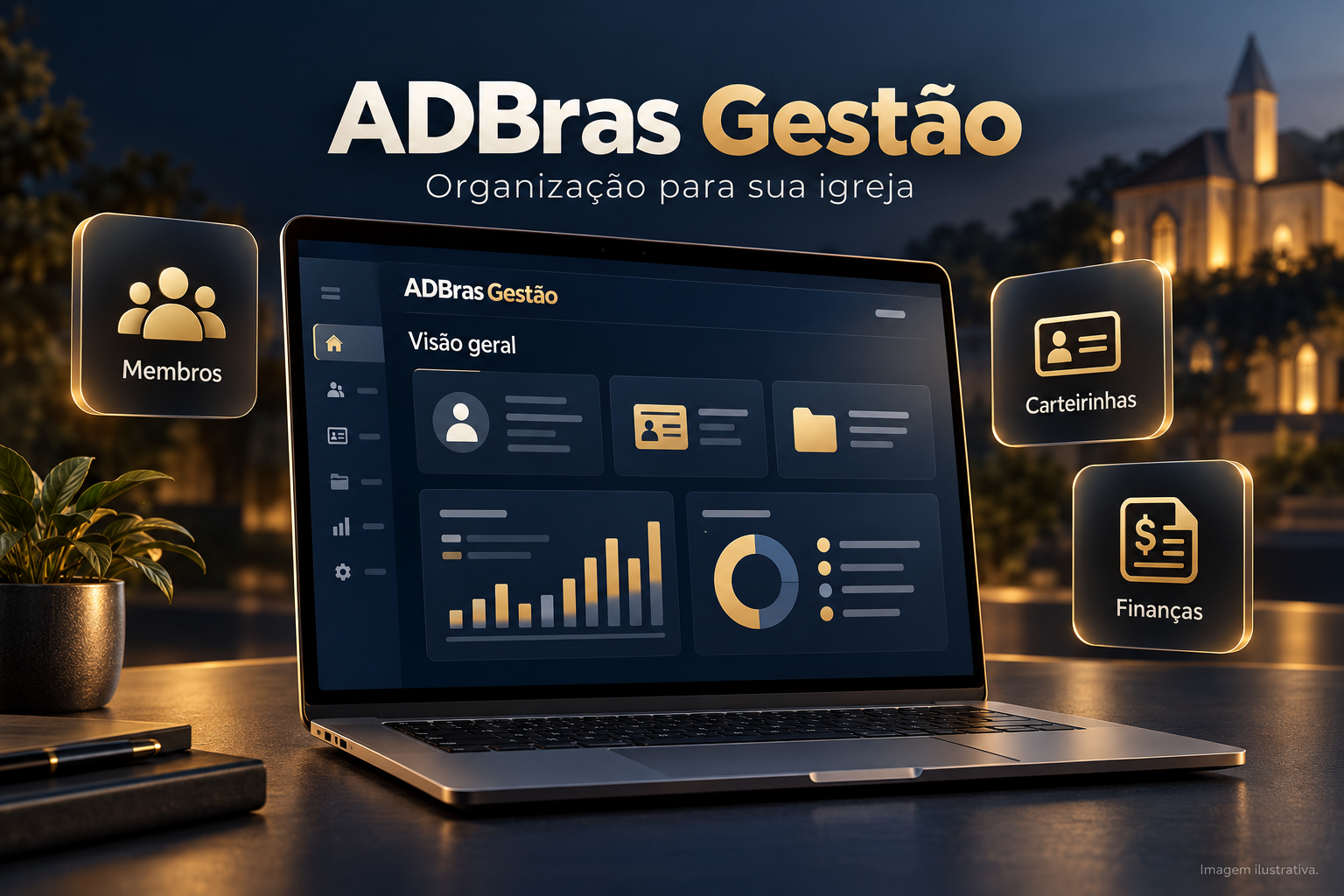 Apresentação ilustrativa do ADBras Gestão em um notebook, com destaque para membros, carteirinhas e finanças.