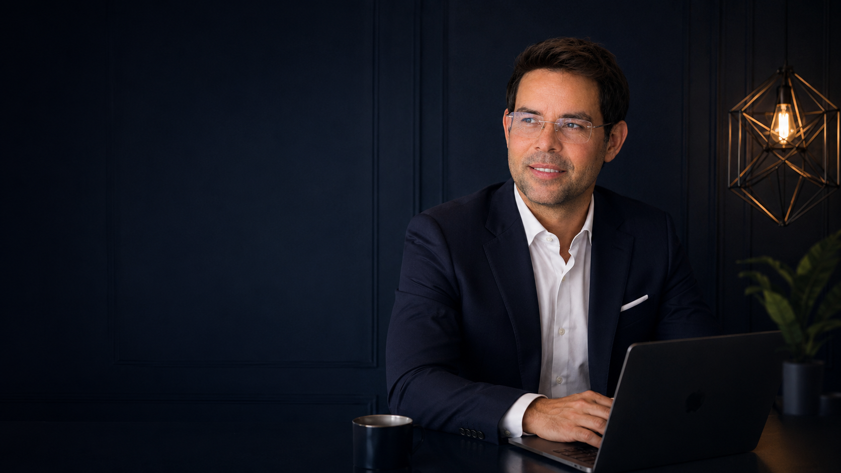 Saulo Pinheiro em um escritório elegante, apresentando a Vitrine Digital